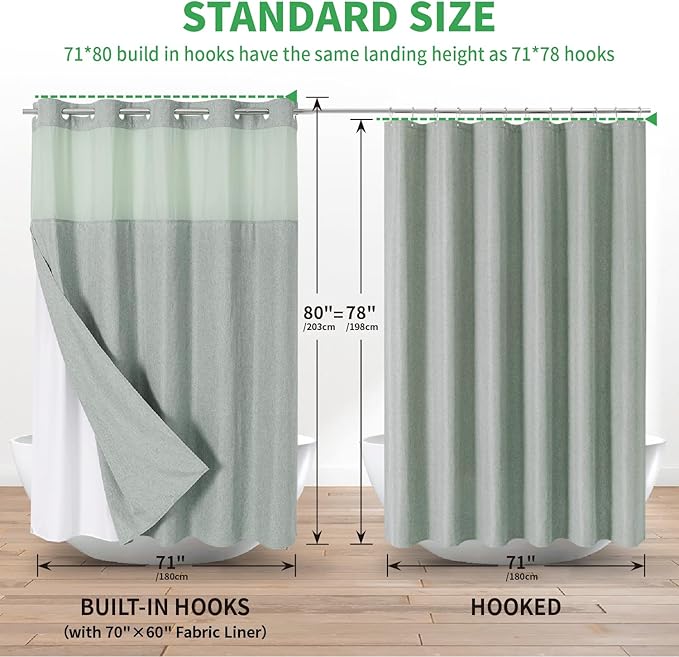 Long No Hooks Needed Linen Textured Shower Curtain with Snap-in Fabric Liner Set,Sage Green Hotel Luxury Decor Shower Curtains for Bathroom,Waterproof & Washable,71Wx80H