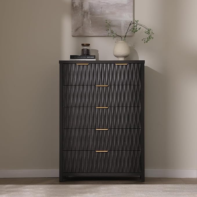 6 Drawers Dresser, 43.7" Tall Drawers for Bedroom, Extra-Thick Tabletop & Frame, Modern Chest of Wood Drawer Organizer for Bedroom, Living Room, Hallway, Entryway, Black