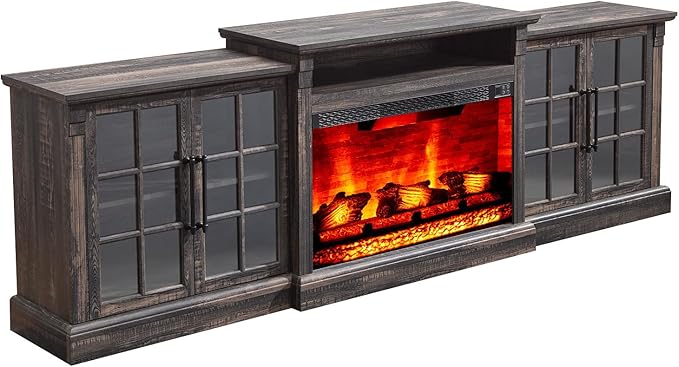 AMERLIFE 97" Farmhouse Fireplace TV Stand, Entertainment Center with Large Storage Space and Adjustable Shelf, Media Console for Living Room, Black