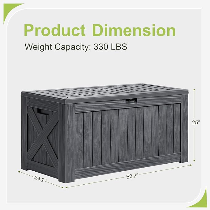 Greesum 120 Gallon Deck Box, Resin Outdoor Storage Container for Patio Furniture, Garden Tools, Pool Accessories, Weatherproof, Lockable, Gray