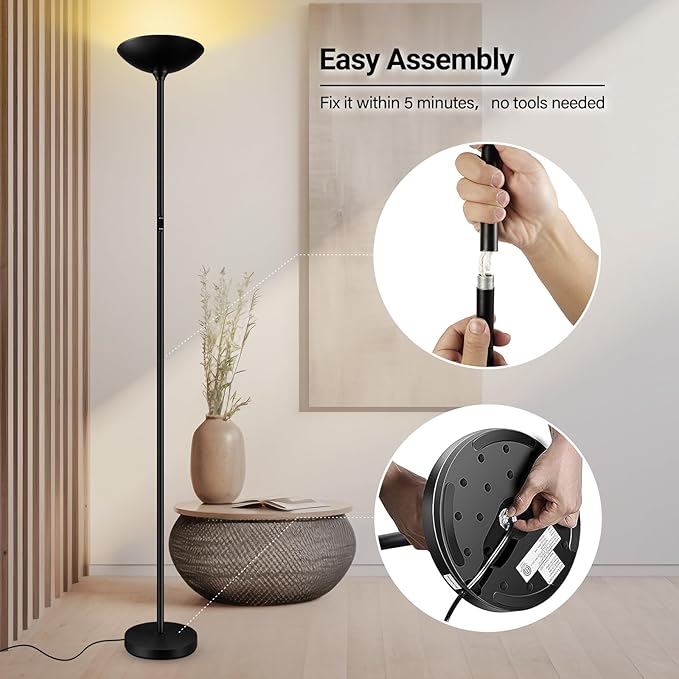 BoostArea Dimmable Floor Lamp,30W 3000LM Super Bright LED Torchiere Standing Lamp with Remote & Touch Control,71 in Tall Pole Sky Modern Floor Lamps for Living Room Bedroom Office,2700k-6500k,Black