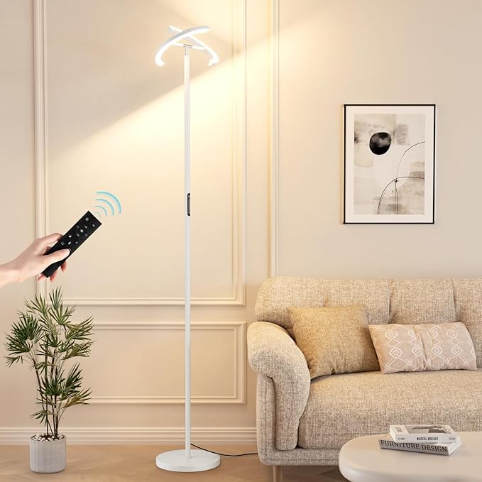 LED Floor Lamp - 70" Tall Modern Standing Lamp with 2 Rotatable Lights, Remote & Touch Control, 24W Bright Stepless Dimmable, Ideal for Living Room Bedroom Office(White)