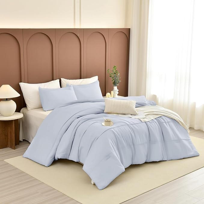 Sanracie Cotton Comforter Queen Size(90"x 95"),3 Pieces Cornflower Blue Colored Pinch Pleated Comforter Set,Soft Breathable Neutral Bed Comforter for All Season