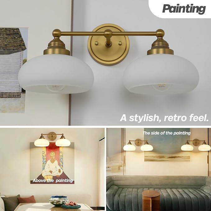 Vintage 2-Lights Sconces Wall Lighting with Milk White Glass Shade, Double Arm Wall Lamp Fixture for Living Room Dining Room Bedroom Hallway