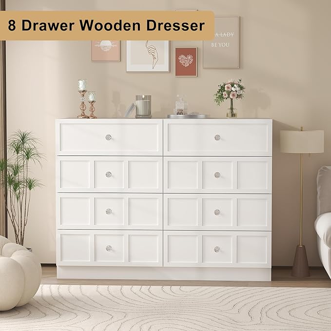 8 Drawer Dresser for Bedroom: 47" Fluted White Dresser Deep Drawers, Modern Chest of Drawers for Bedroom, Fluted Wood Dressers for Living Room, Hallway