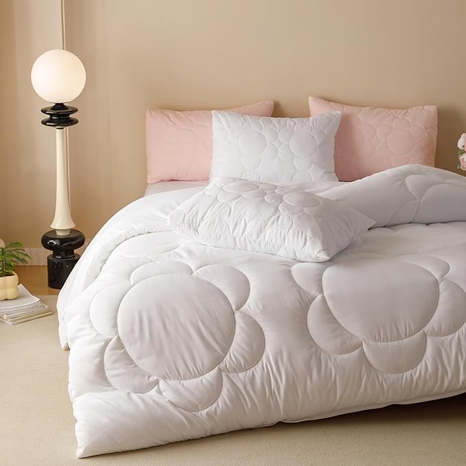 Luxlovery White Sunflower Comforter Set King Boho Floral Farmhouse Bedding Comforter Set King Size Elegant Big Flower Printed Soft Breathable Bohemian Comforter