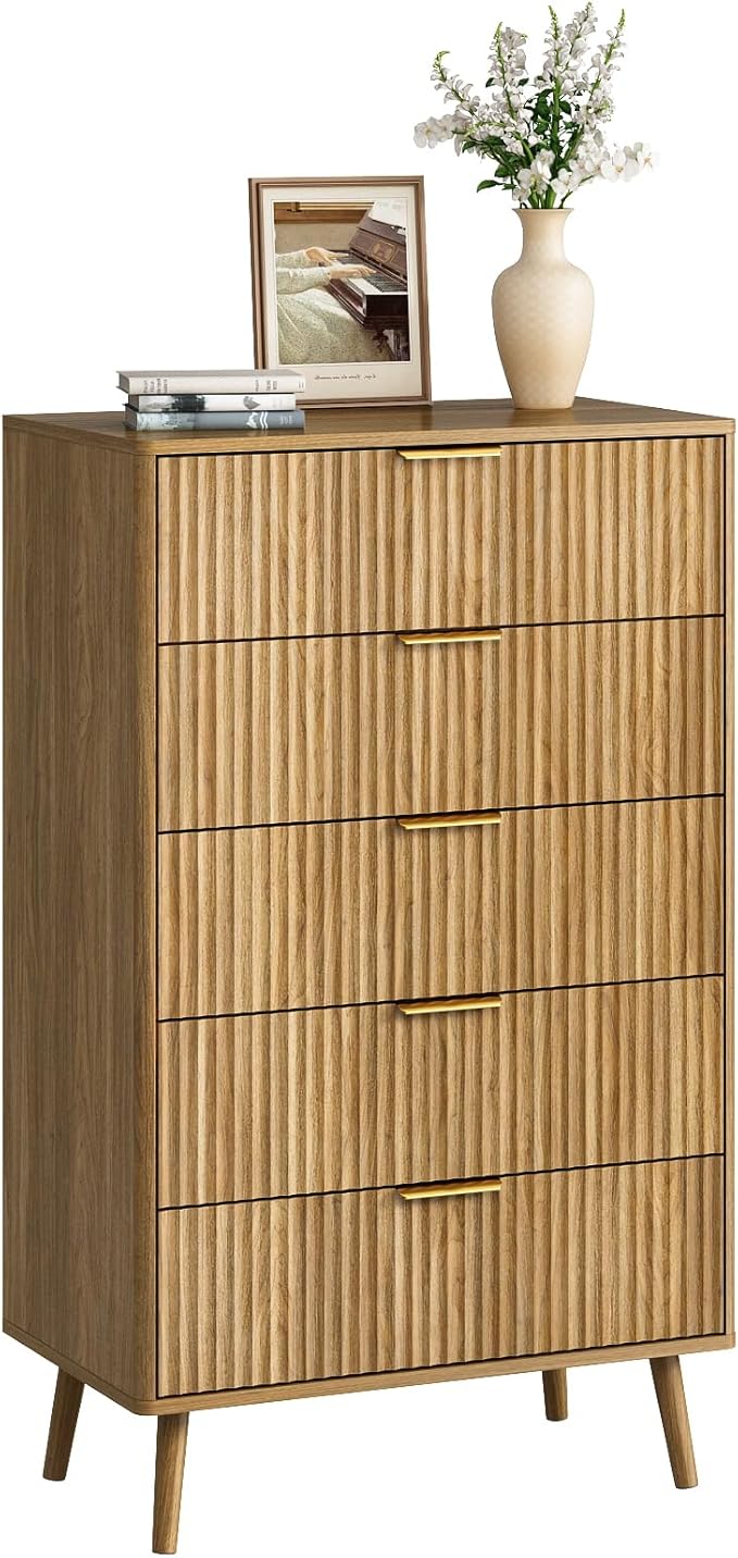 CARPETNAL Fluted 5 Double Drawers Dresser for Bedroom, 45”Tall Modern Chest of Drawers with Deep Drawers,Curved Profile Design, Wood Drawer Organizer for Living Room, Natural Oak