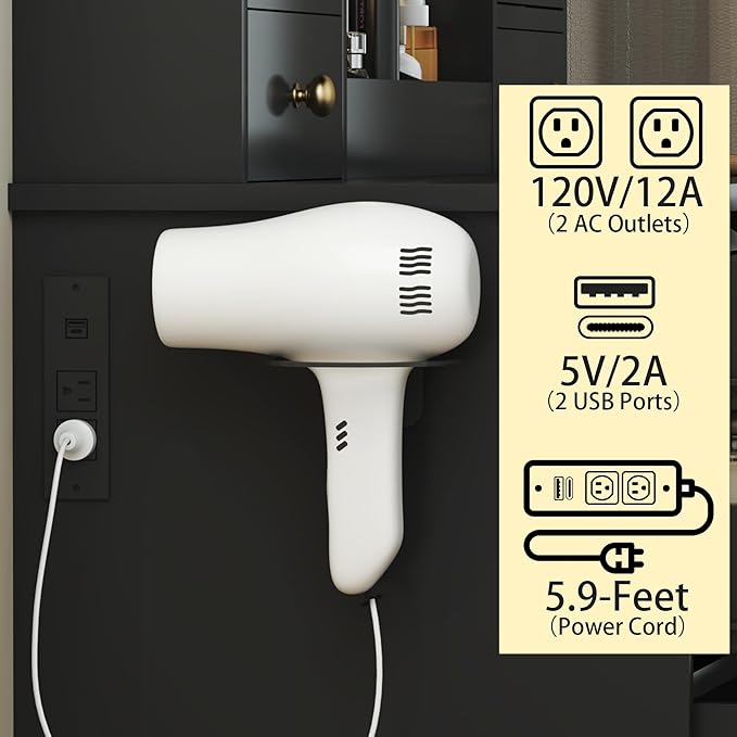 Vanity Desk with Mirror and Lights, Black Vanity Mirror with Lights Desk and Chair & Charging Station, Makeup Vanity with Lighted Mirror for Women Bedroom 3 Color Modes Adjustable