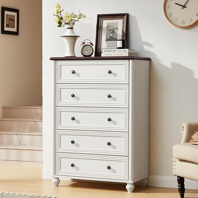 Farmhouse Dresser for Bedroom Set of 2, 5 Drawers Wood 45" Tall Chest of Drawers, Dresser Rustic Storage Dressers Organizer with Metal Handle Closet for Living Room, Hallway Entryway