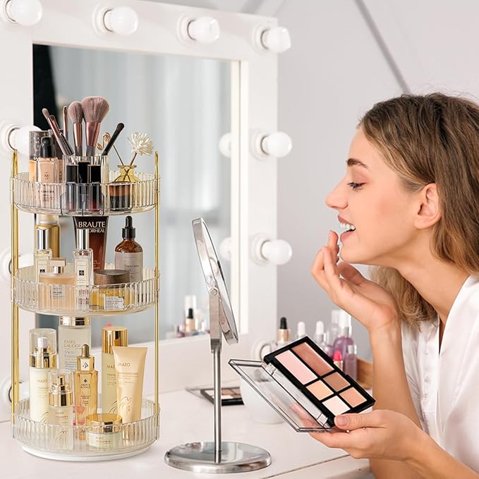 Rotating Makeup Organizer for Vanity, High-Capacity Skincare Clear Make Up Storage Perfume Organizers Cosmetic Dresser Organizer Countertop 360 Spinning (Clear, New-3 Tier)