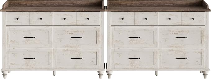 WAMPAT Wood Dresser Set of 2, Mid Century Modern Chest of Drawers, Wide Kids Dressers with 6 Drawers for Bedroom Living Room Entryway;Rustic White