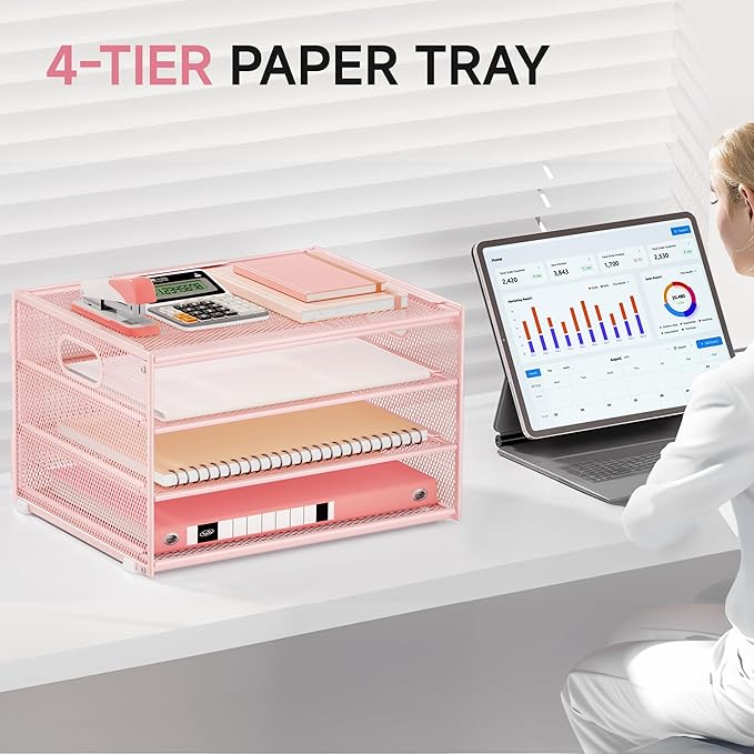 Lavatino 3-Tier Letter Tray Desk Organizer, Mesh Metal Paper File Tray Organizer for Desk, Office Supplies & Home Organization, Fits A4 Paper, Mail, Magazines & Office Accessories (Pink with Handle)