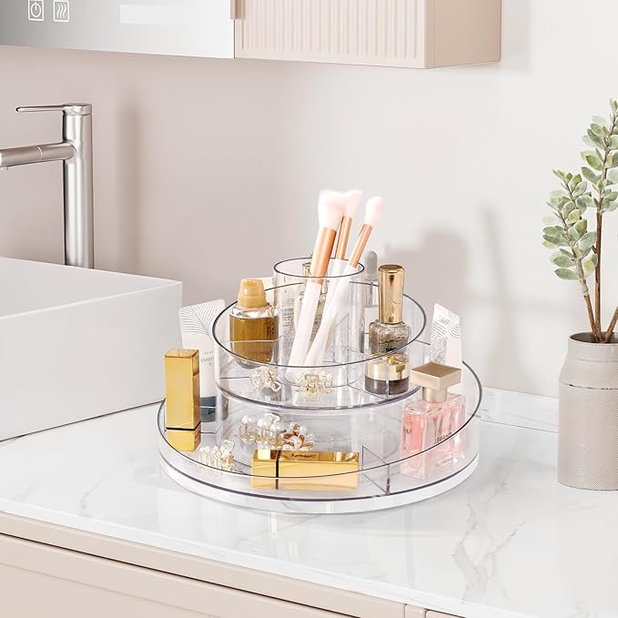 360° Rotating Makeup Organizer - Cosmetic Skincare Organizers wish Brush Holder, Large Capacity Cosmetic Display Case for Vanity, Bathroom Countertop (Clear)
