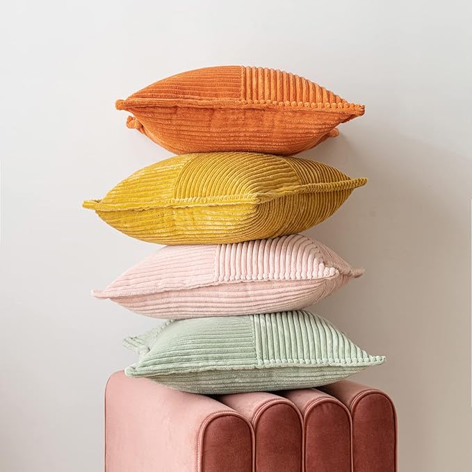 MIULEE Decorative Throw Pillow Covers for Couch Bed Livingroom 20x20 Inch Set of 2 Fall Mustard Yellow Boho Accent Throw Pllows Broadside Striped Patchwork Soft Corduroy Pillowcases