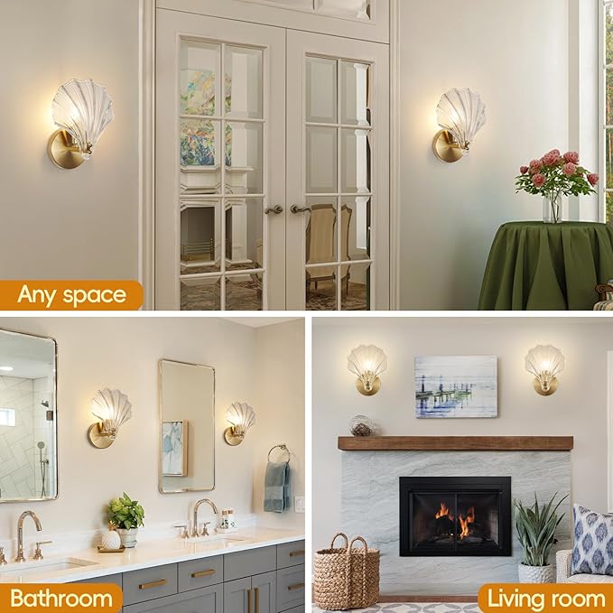 2 Pack Gold Glass Wall Sconces Crystal Wall Light with Clear Shell Shaped Glass Shades, Mid Century Gold Vanity Light Brass Bathroom Light Fixtures Beside The Mirror for Bedroom Porch Indoor