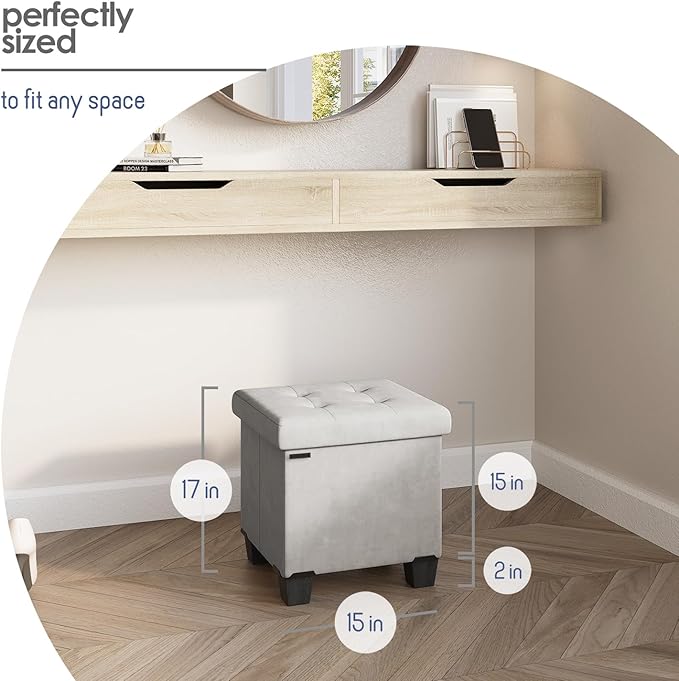 STORAGEBUD Storage Ottoman Cube with Small Bin, 15-in Square Ottoman with Storage for Living Room and Bedroom, Small Ottomans Foot Rest, Velvet Foot Stools Ottomans Max 330lbs, Light Grey