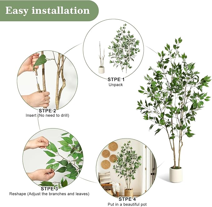 6FT Ficus Trees Artificial Indoor, Faux Silk Plant with Natural Wood Trunk and Lifelike Fruits, Black Imitation Ceramic Planter with Green Fake Moss for Modern Home Office Living Room Decor