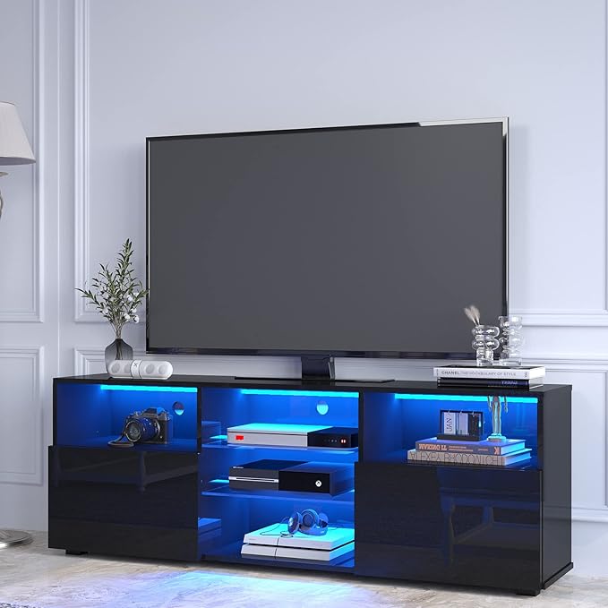 St.Mandyu LED TV Stand for 60/65/70 inch TV, Modern Television Table Center Media Console with Drawer and Led Lights, High Glossy Entertainment Center for Living Game Room Bedroom, Black¡