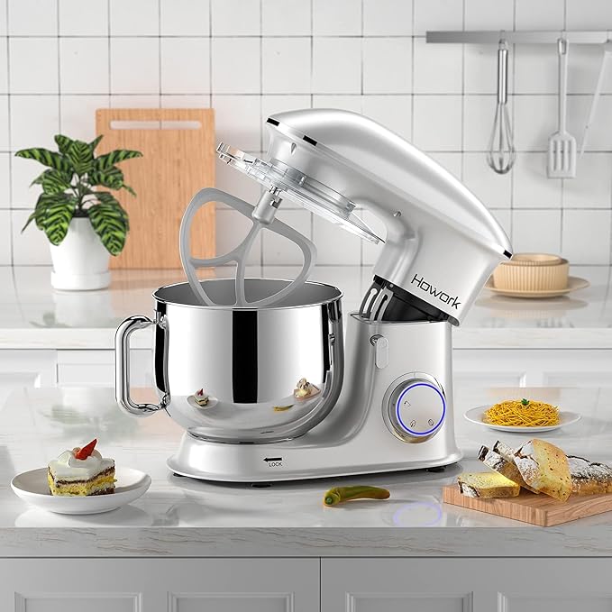 HOWORK 8.5QT Stand Mixer, 660W 6+P Speed Tilt-Head, Electric Kitchen Mixer With Dishwasher-Safe Dough Hook, Beater, Wire Whip & Pouring Shield(8.5 QT, Silver)