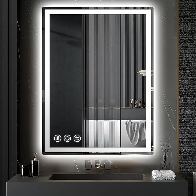 LED Bathroom Mirror 24"x 32" with Stepless Dimmable Wall Mirrors with Anti-Fog, Dimmable CRI>90, Vanity Mirror with 3 Color Modes, Shatter-Proof, Memory Bathroom Mirror with LED Lights