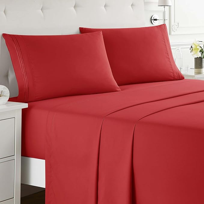Clara Clark Queen Sheets Set, Deep Pocket Bed Sheets - 4 Piece Queen Size Sheets, Extra Soft Bedding Sheets & Pillowcases, Queen Cherry Red
