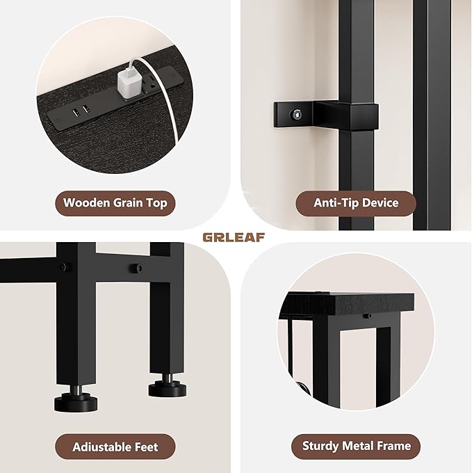 GRLEAF 63" Narrow Console Sofa Table with Built-in Power Strip (4 AC Outlets & 4 USB Ports) – 4.9ft Power Cord, Metal Frame, Easy Assembly, Ideal for Behind Couch, Hallway, and Home Office | Black