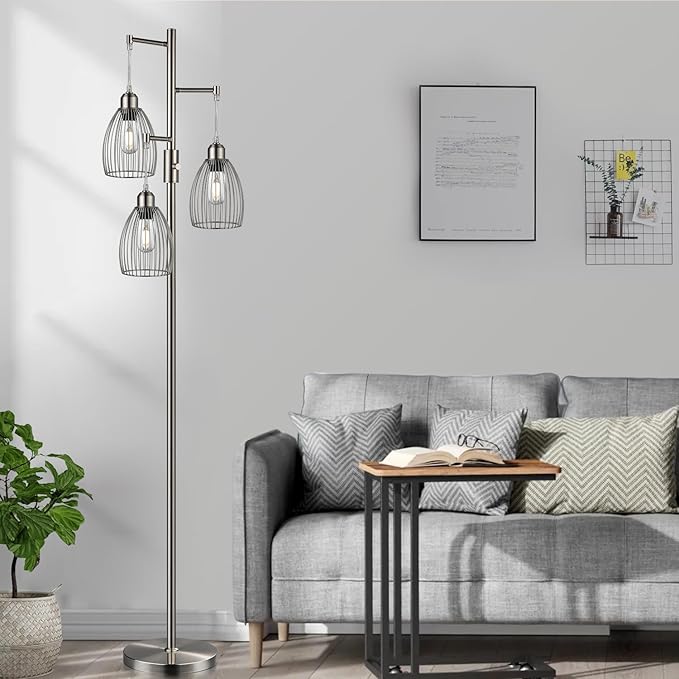Dimmable Floor Lamp, Metal, 3 x 800LM LED Edison Bulbs Included, Industrial Floor Lamp Standing Tree Lamp with Elegant Teardrop Cage Heads Tall Lamps for Living Room Bedroom-Brushed Nickel