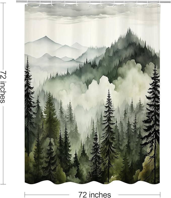 Dark Green Misty Pine Forest Shower Curtain, Mountain Foggy Woodland Scenery Tree Shower Curtains for Chic Rustic Bathroom, Abstract Modern Waterproof Nature-Themed Decor, 72x72 Inches