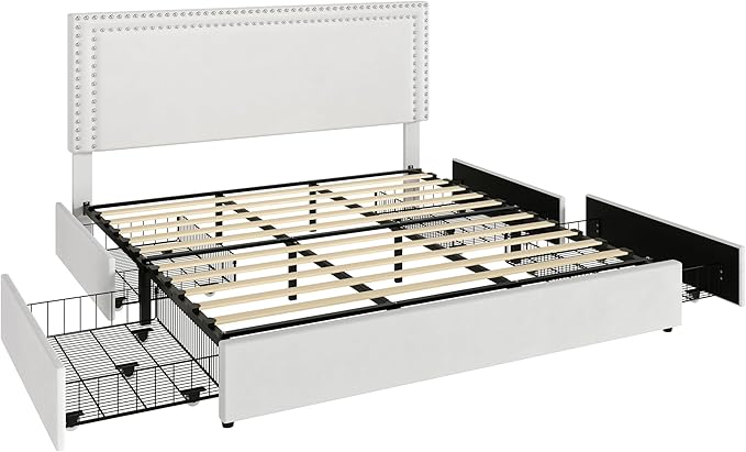 VECELO King Size Upholstered Platform Bed Frame with 4 Storage Drawers, Adjustable Velvet Rivet Decor Headboard, Wooden Slats Support, No Box Spring Needed, Easy Assembly