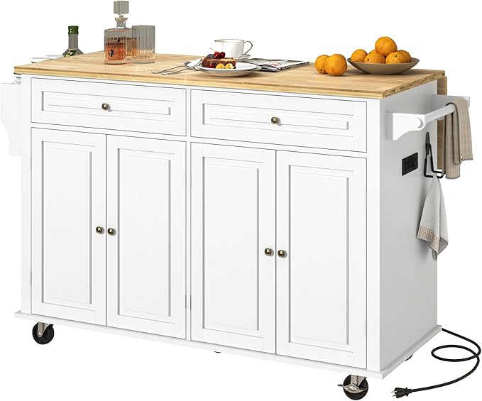 59" Kitchen Cart with Wood Top and Drop Leaf Breakfast Bar, Rolling Mobile Kitchen Island Table on Wheels with Drawer and Storage Cabinet, Spice Rack, Towel Rack, White