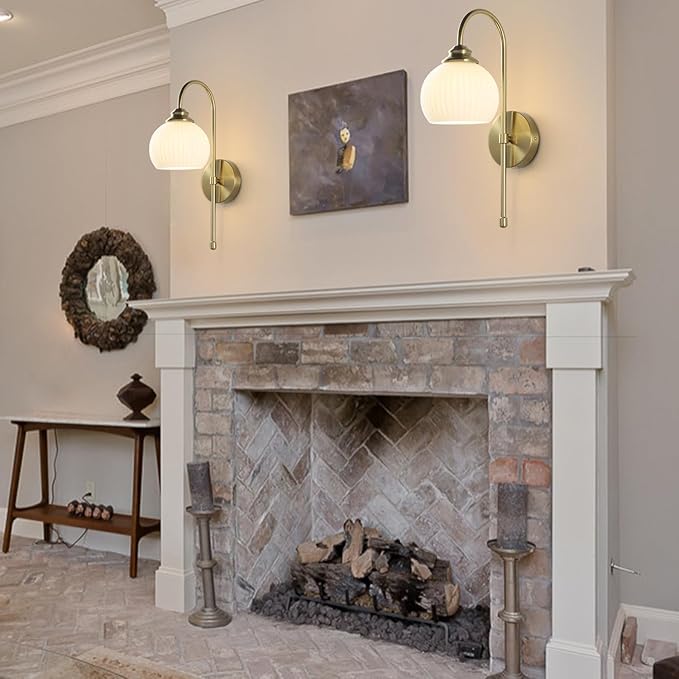 KCO Lighting 1-Lighting Milk Ribbed Glass Wall Sconce Indoor Gold and White Wall Sconce Minimalist Slim Long Sconces Brass Hallway Wall Light Fixtures Globe Vanity Lights for Bathroom Bedroom