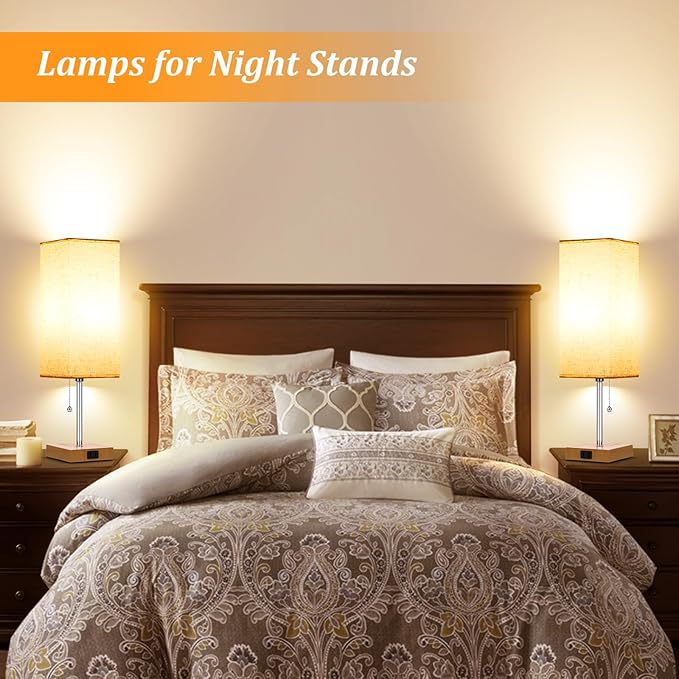 Table Lamp for Bedroom set of 2,3-Color Bedside Lamps with Pull Chain Table Lamps for Nightstand with AC Outlets,18'' Night Light Lamps with 2 Bulbs Lamps for Living Room Kids Room Office Decor(Wood)