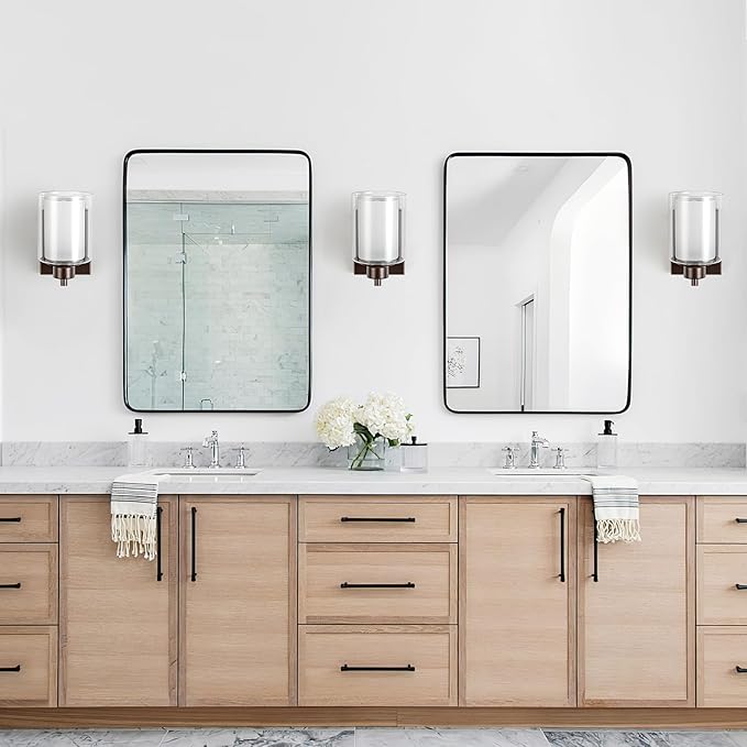 2 Pack Bath Vanity Light Fixtures, Modern Indoor Wall Scone Lighting with Dual Glass Shade, Oil Rubbed Bronze Wall Lamp for Bedroom Mirror Kitchen Living Room Entryway