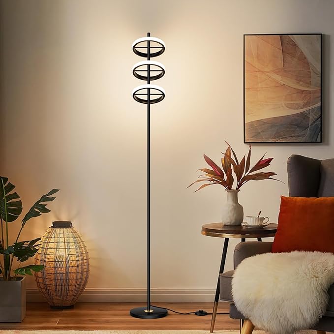 Modern LED Floor Lamp - Adjustable 3 Saturn Rings-Contemporary Tall Standing Lamp for Living Room & Office Bedroom Reading-Black