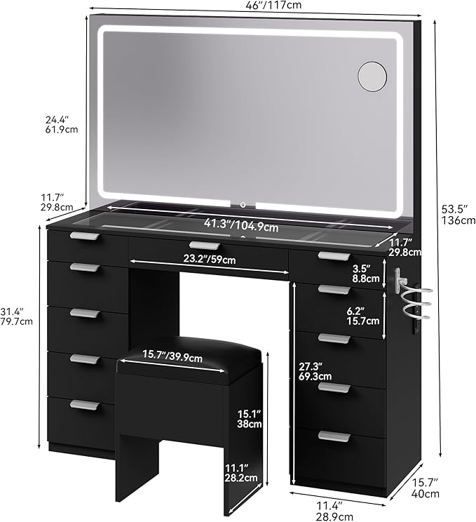 YITAHOME Lighted Vanity Table with Glass Top, 11 Drawers & Storage Stool, Makeup Desk with Smart Mirror, Touch LED Lights, Charging Ports & Hair Dryer Holder