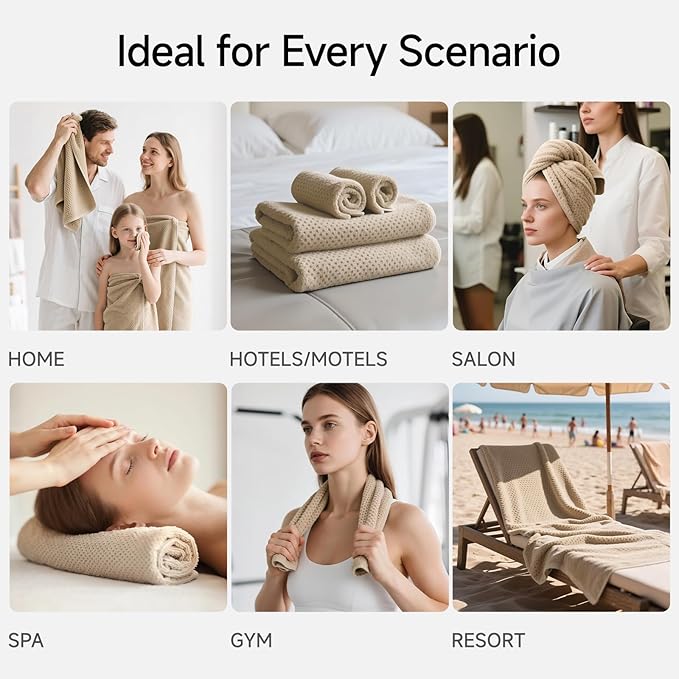 REDKISS 6-Piece Bath Towel Set - 2 Washcloths, 2 Hand Towels, 2 Bath Towels | Ultra-Fiber Coral Fleece, Super Absorbent, No Lint & No Fading | Perfect for Bathroom, Spa, Gym | Family & Adults-Camel