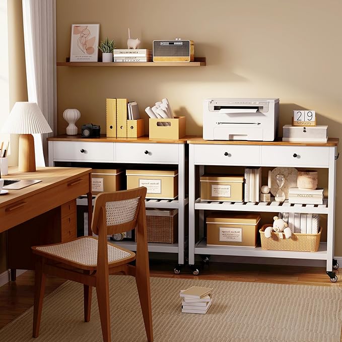 Gizoon Kitchen Island Cart on Wheels with 40'' Wood Tabletop, 2 Open Tiers Spacious Storage Shelves and Towel Rack, Rolling Utility Cart with 3 Side Hooks and 2 Drawer for Dining Room, Bar, White