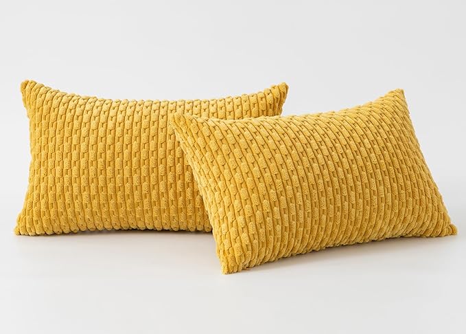 Kevin Textile Throw Pillow Covers Soft Corduroy Decorative Set of 2 Boho Striped Pillow Covers Pillowcases Farmhouse Home Decor for Couch Bed Sofa Living Room 12x20 Inch Mustard Yellow