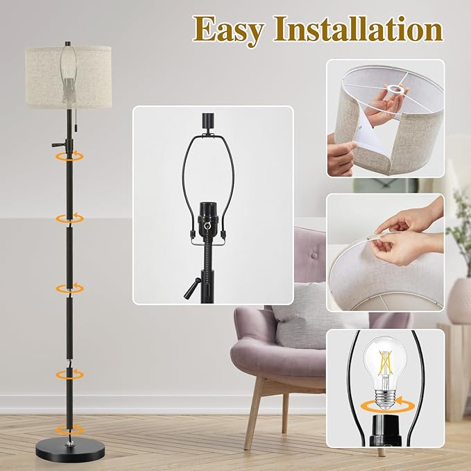 GyroVu Black Floor Lamp, Height Adjustable Standing Lamp Tall Lamp with Fabric Lampshade&Pull Chain Corner Floor Lamps for Living Room, Bedroom & Office Bulbs Not Included(Black)