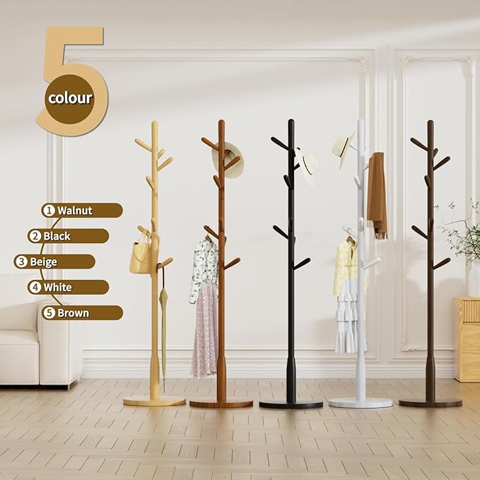 Solid Wood Round Base Coat Rack, Free Standing Hall Coat Tree with 8 Hooks(+2 spare) for Coats, Hats, Bags, Purses, for Entryway, Hallway, Rubberwood Hooks,Base and Pole(Round Base, Natural Beige)