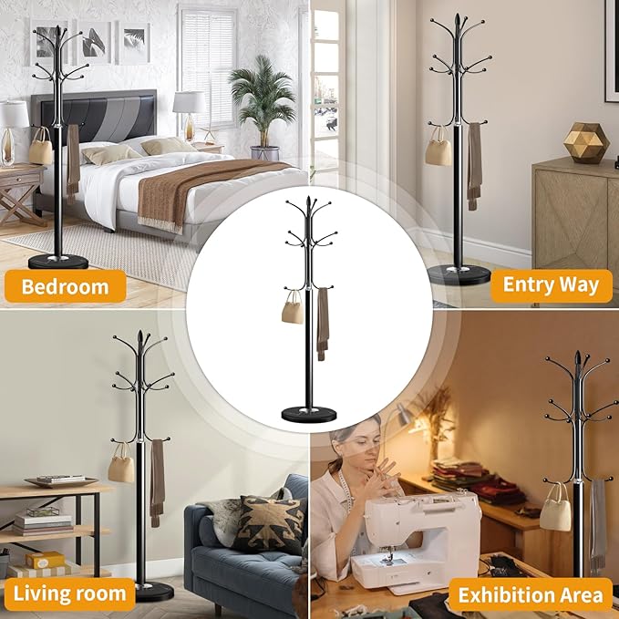Metal Coat Rack Stand with Natural Marble Base, Coat Rack Freestanding, Free Standing Hall Tree with 12 Hooks for Hanging Clothes, Bags, Scarfs, Coat Hanger for Entryway, Hallway (Black)