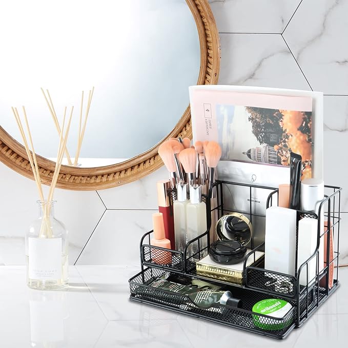 Desk Organizers Caddy and Accessories with 7 Compartments + Pen Holder / 72 Clips Set, Drawer, Black Mesh Office Supplies Desktop Organizer for Home, Office Ect