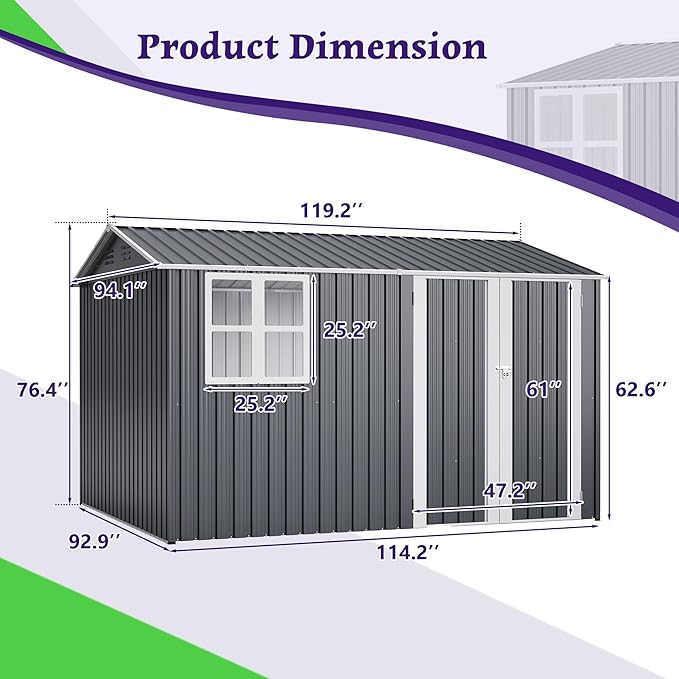10 x 8 FT Outdoor Storage Shed with Floor, Metal Garden Tool Shed with Vents,Windows,Slooping Roof and Lockable Doors, All-Weather Bike Shed Easy to Assemble for Backyard, Patio, Lawn, Grey