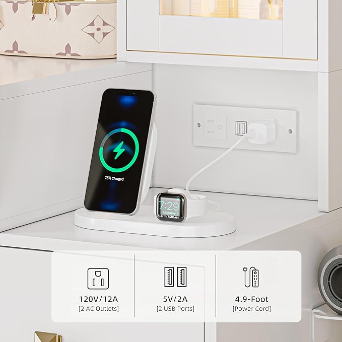 Vanity Desk with Mirror and Lights, White Makeup Vanity with 5 Drawers Hidden Jewelry Organizer& LED Glass Cabinet,3 Light Mode and Brightness Adjusted,Vanities Mirror with Lights Desk and Chair