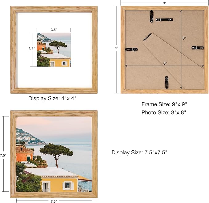 Axeman 8x8 Solid Oak Wood Frame With Mat - 8x8 Picture Frame - Plexiglass & Hanging Hardware Included - Natural