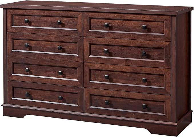SOOWERY Dresser for Bedroom, Farmhouse Dresser with 8 Wooden Drawers and Storage Cabinet, 55 Inches Wide Chest of Drawers for Bedroom, Living Room, Hallway, Dark Cherry