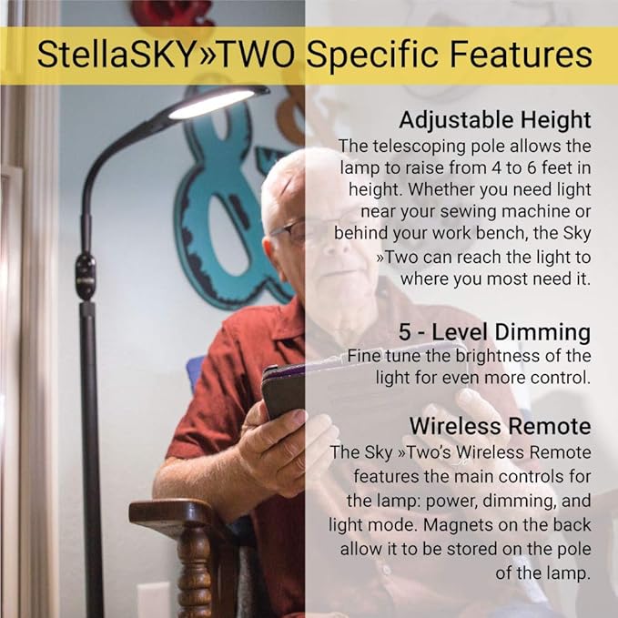Stella Sky Two Premium 10W LED Floor Task Lamp - White - Adjustable Dimmable Low Vision Natural Sunlight Light - Bright Macular Degeneration Lighting - Hobby, Crafting, Sewing, Artist, Reading, Office