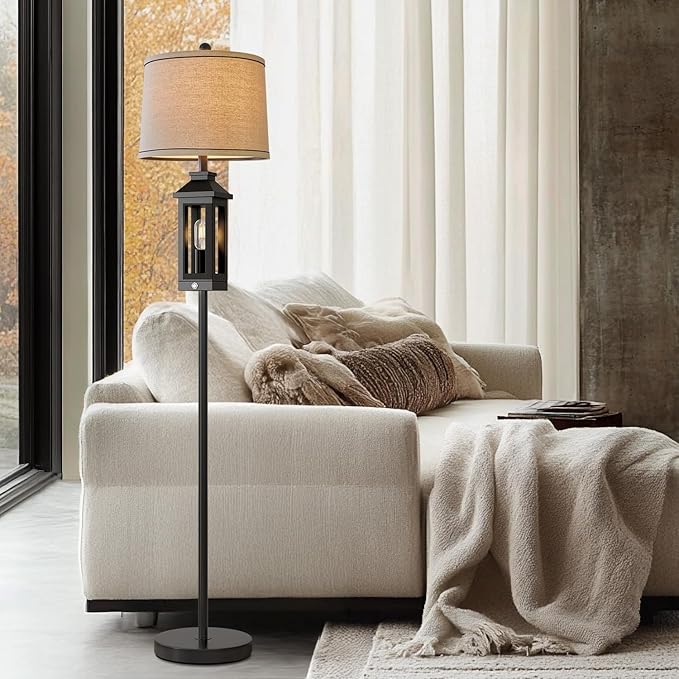 63" Floor Lamps for Living Room Bedside Nightstand Lamp All Black Tall Standing Lamp for Home Decor Bedroom Reading Lamp Farmhouse Rustic Bed Lights with 2 Light Sources (2 Bulbs)