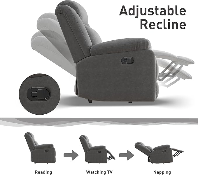 Bonzy Home Rocker Recliner Chair for Adults, Overstuffed Manual Rocking Recliner, Fabric Upholstered Single Sofa for Living Room, Grey