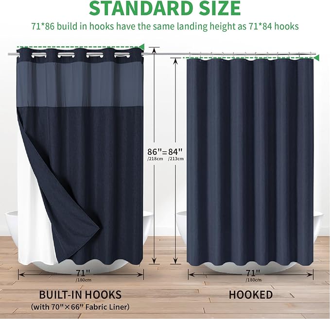 Extra Long No Hooks Needed Linen Textured Shower Curtain with Snap-in Fabric Liner Set,White Hotel Luxury Decor Shower Curtains for Bathroom,Waterproof & Washable,71Wx86H,Navy Blue